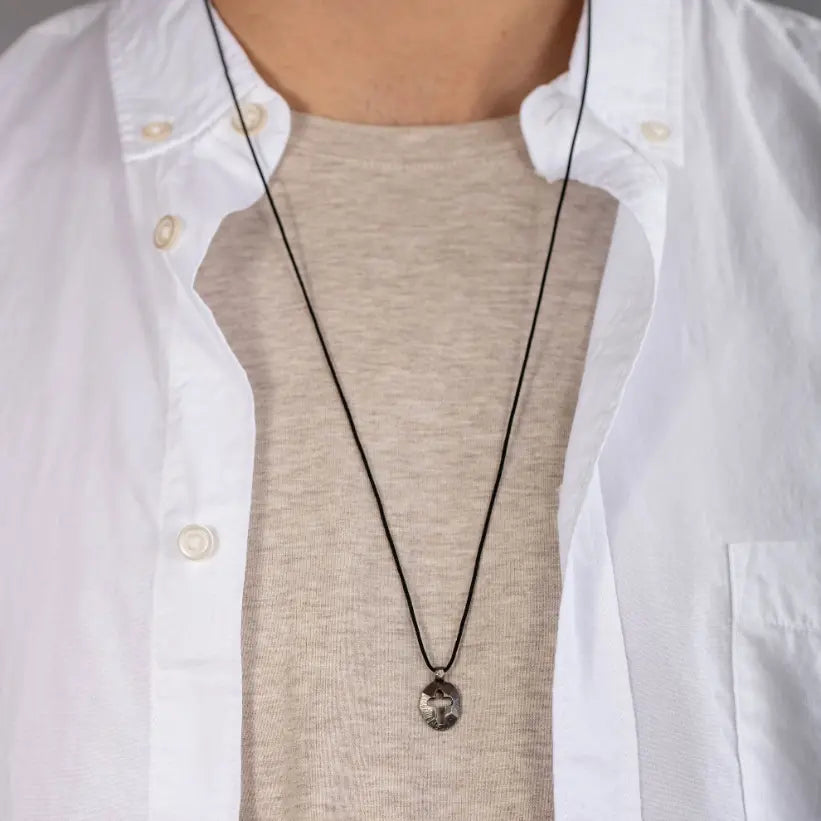 Small Disc Cross Necklace Oxidized Silver