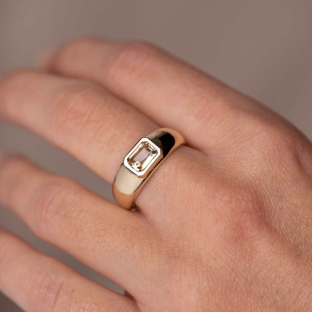 Yellow Peach Sapphire Dome Engagement Ring 14K