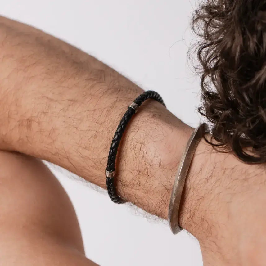 Silver Black Leather Bracelet Men