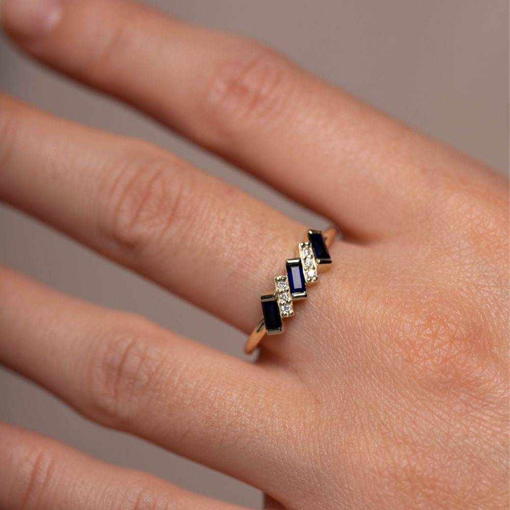 Diamond Blue Sapphire Baguette Ring 14K Gold