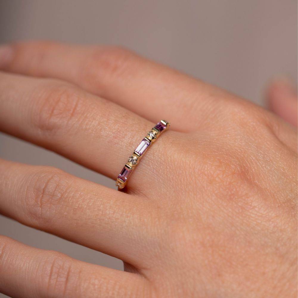 Δαχτυλίδι Ροζ Ζαφείρια Baguette Διαμάντια Χρυσό