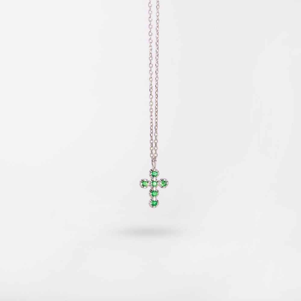 Small Cross Necklace Tsavorite 14K Gold
