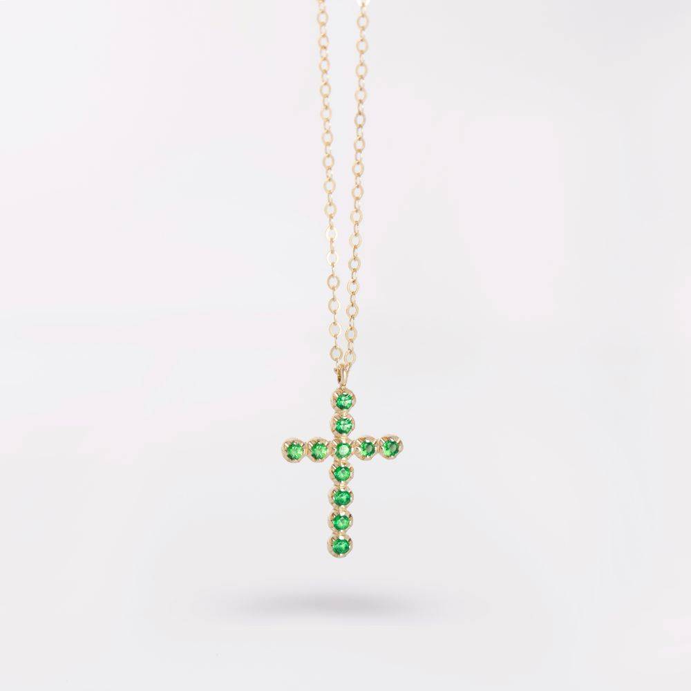 Tsavorite Cross Necklace 14K Gold