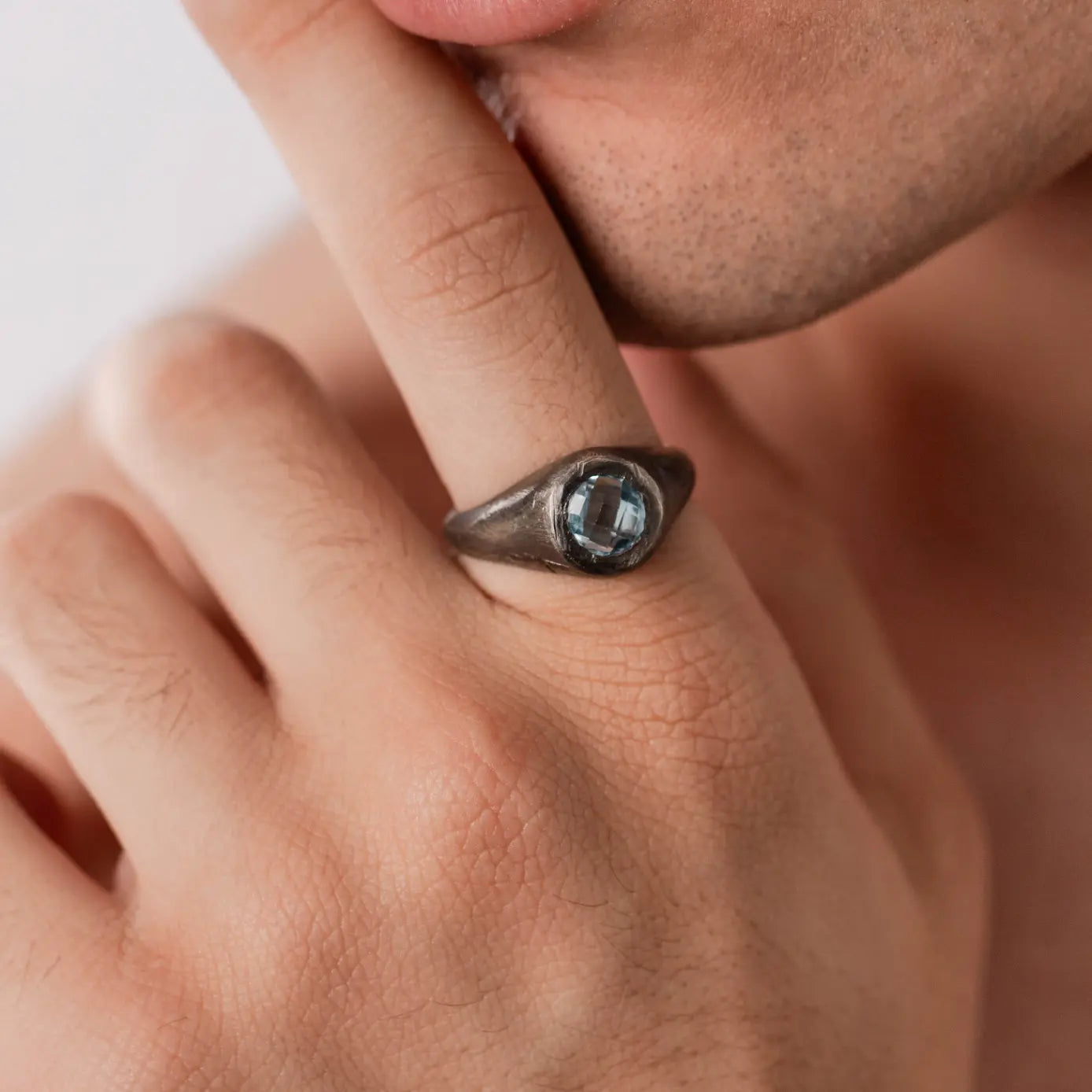 Blue Topaz Ring Oxidized Silver 925 with 8mm gemstone on hand, men's brutalist style jewelry