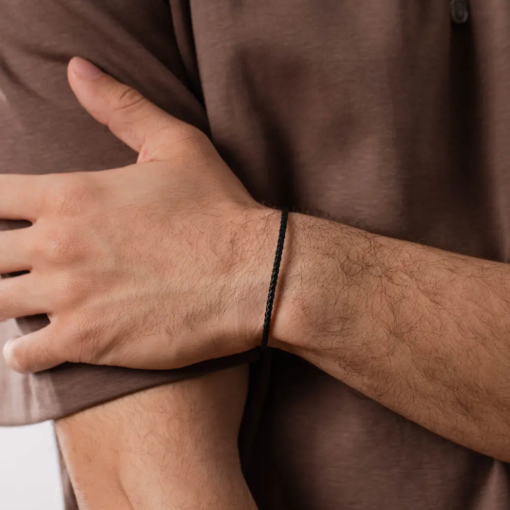 Black Leather Cord Bracelet Oxidized Silver