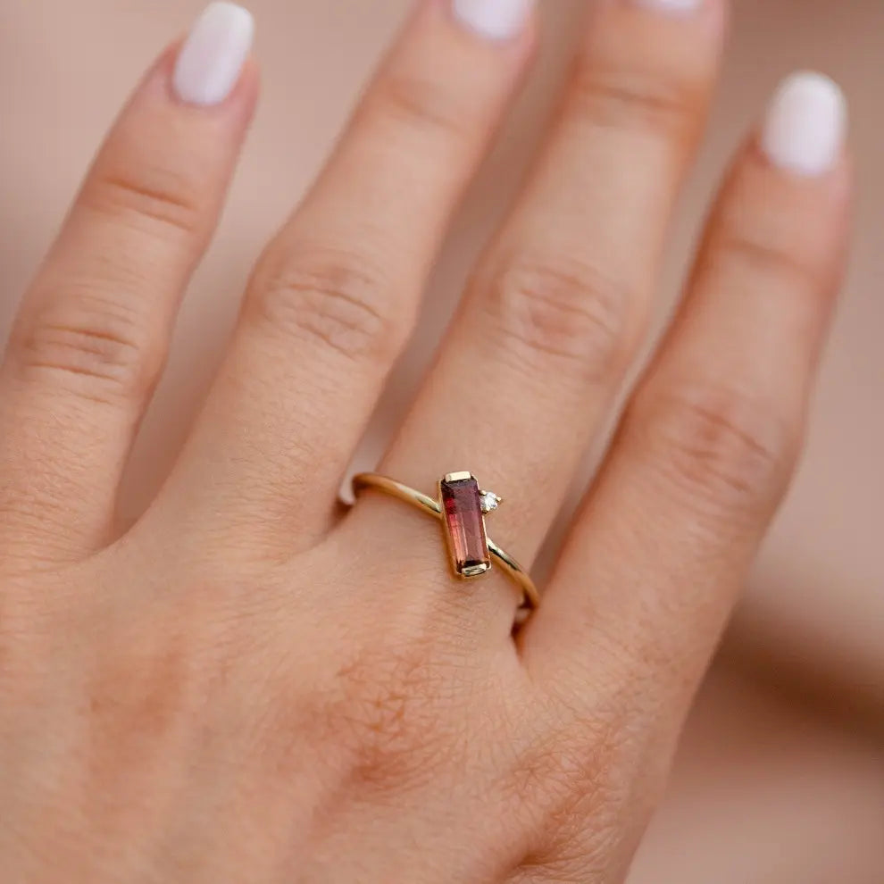Orange Watermelon Tourmaline Diamond Ring 14K Gold