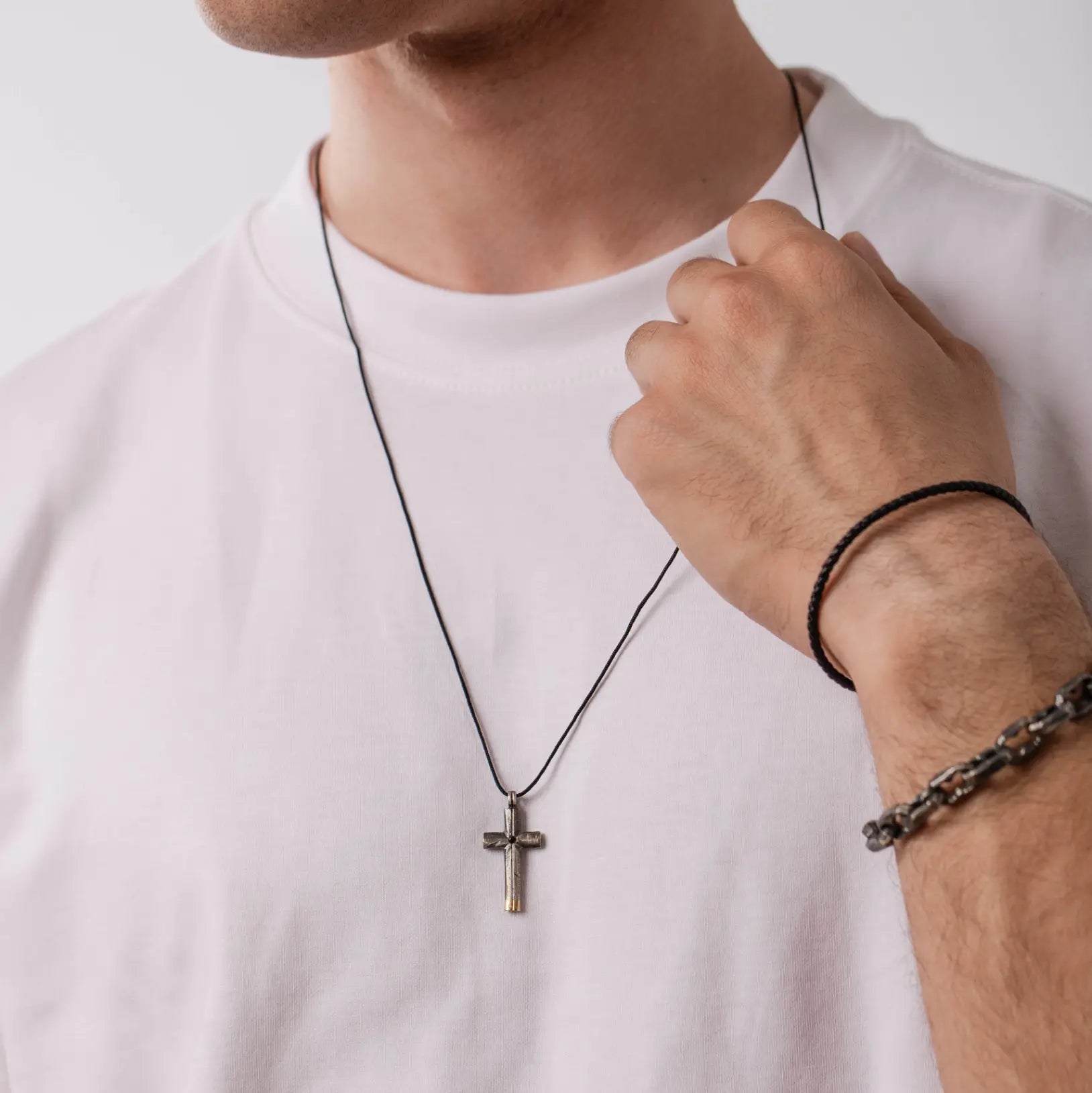 Black Diamond Cross Necklace Oxidized Silver 14K Gold