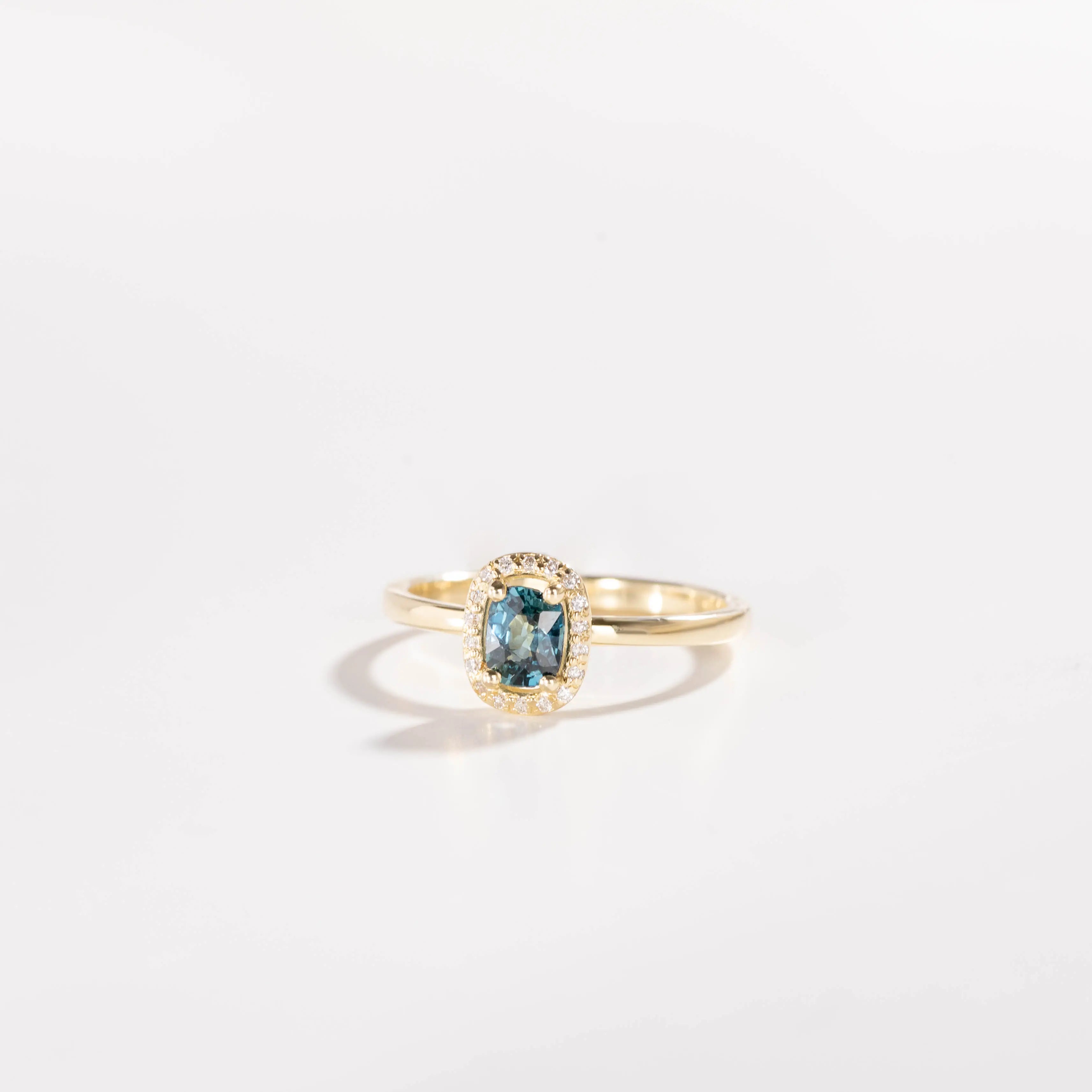 Halo Engagement Ring Teal Sapphire Diamond 14K