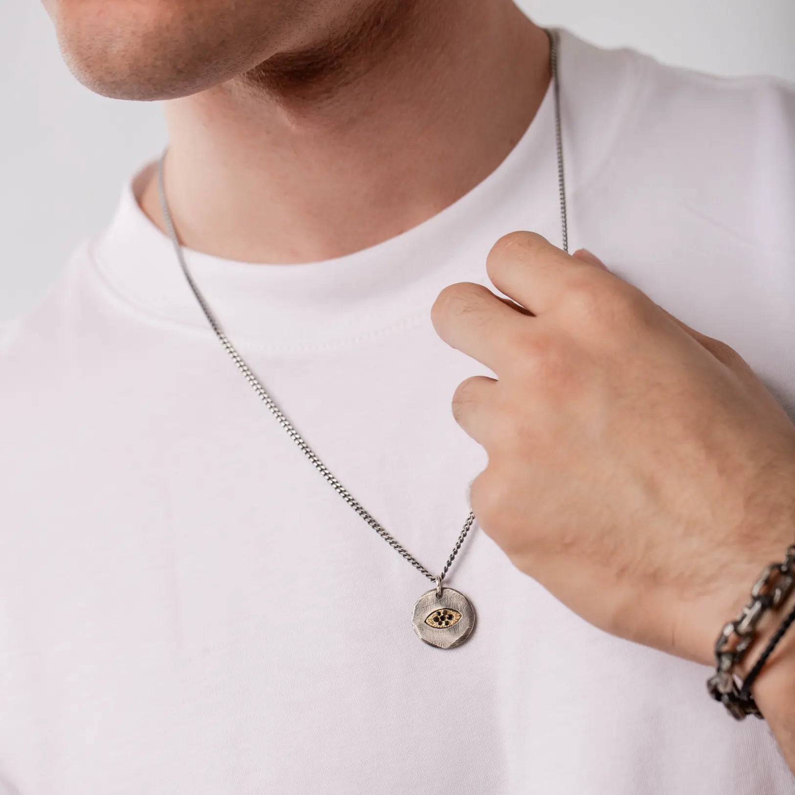 Evil Eye Necklace Black Diamonds Oxidized Silver 14K Gold