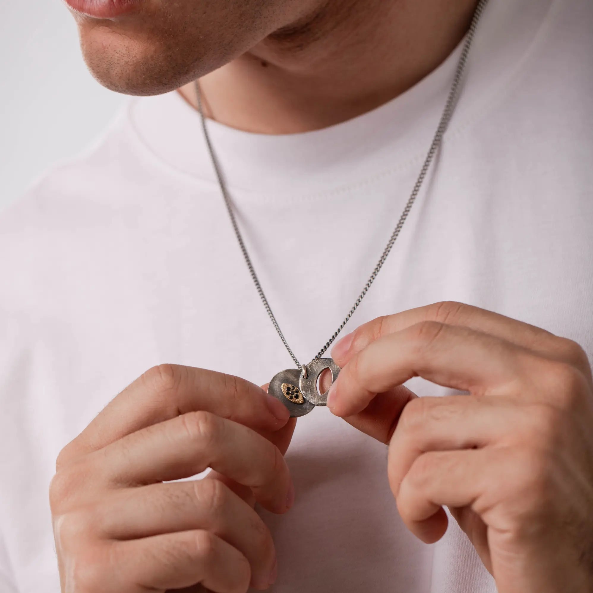 Evil Eye Necklace Black Diamonds Oxidized Silver 14K Gold