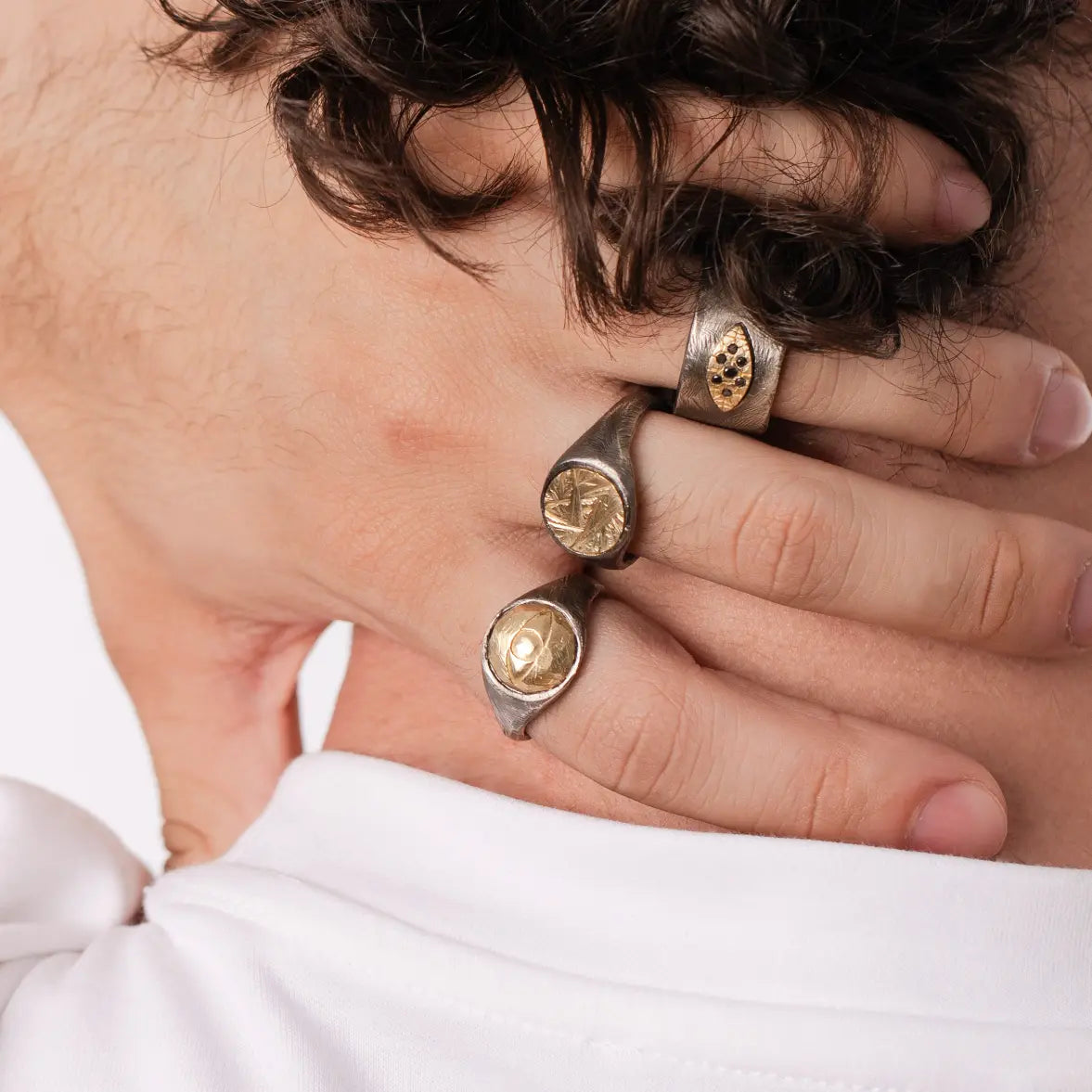 Eye Ring 14K Gold Oxidized Silver worn on hand, showcasing brutalist style. Ideal handcrafted gift for men, delivered in gift package.