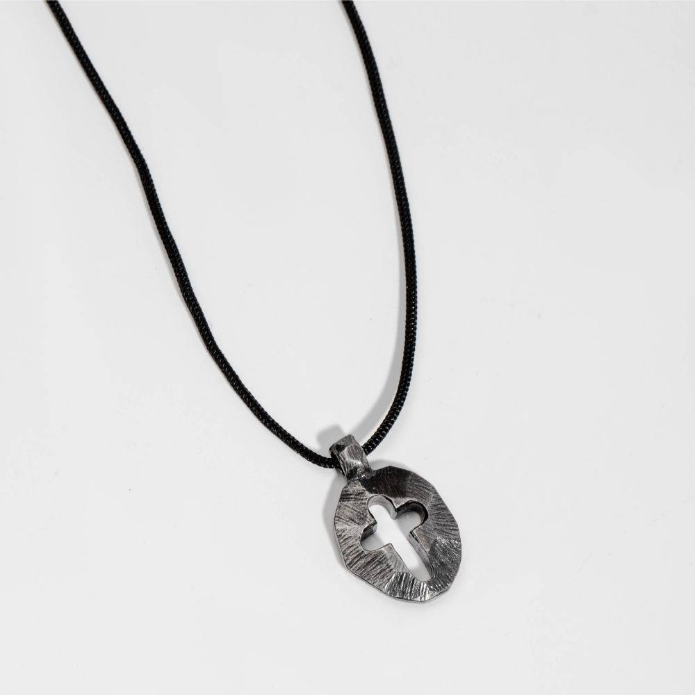 Small Disc Cross Necklace Oxidized Silver