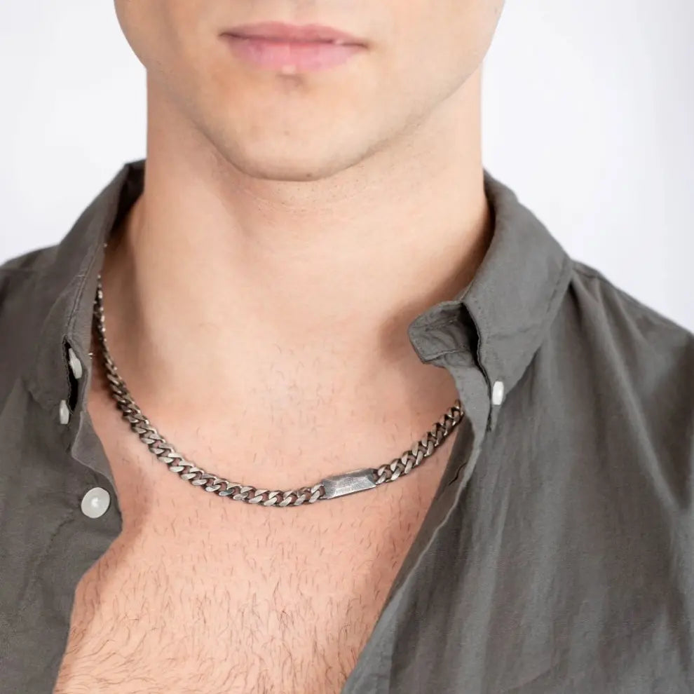 Tag Chain Necklace Oxidized Sterling Silver Personalized on model's neck