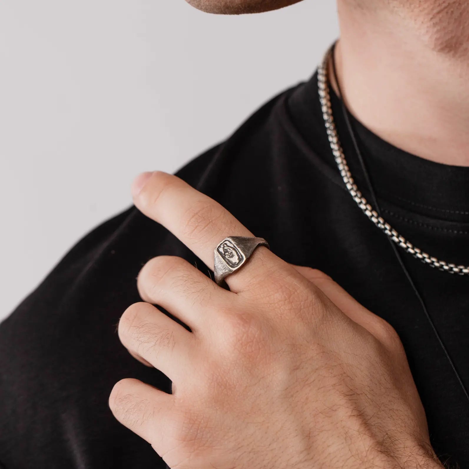 Man wearing Fingers Crossed Ring Oxidized Silver 925, sterling silver with black oxidized finish, brutalist style jewelry, gift for him.