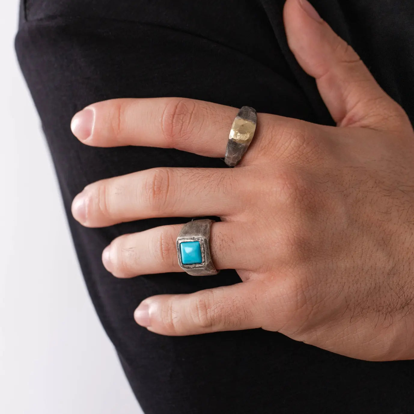 Signet Turquoise Ring Oxidized Silver 925 with turquoise gemstone on a hand, showcasing a black oxidized finish.