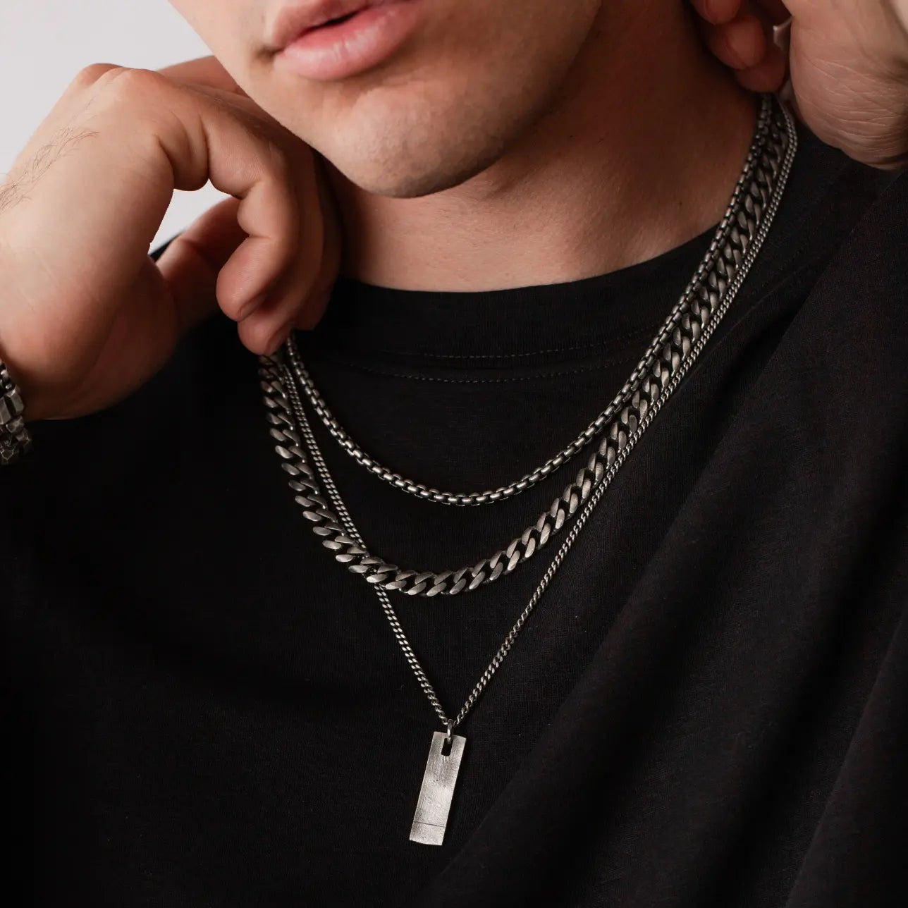 Men Tag Necklace Oxidized Silver
