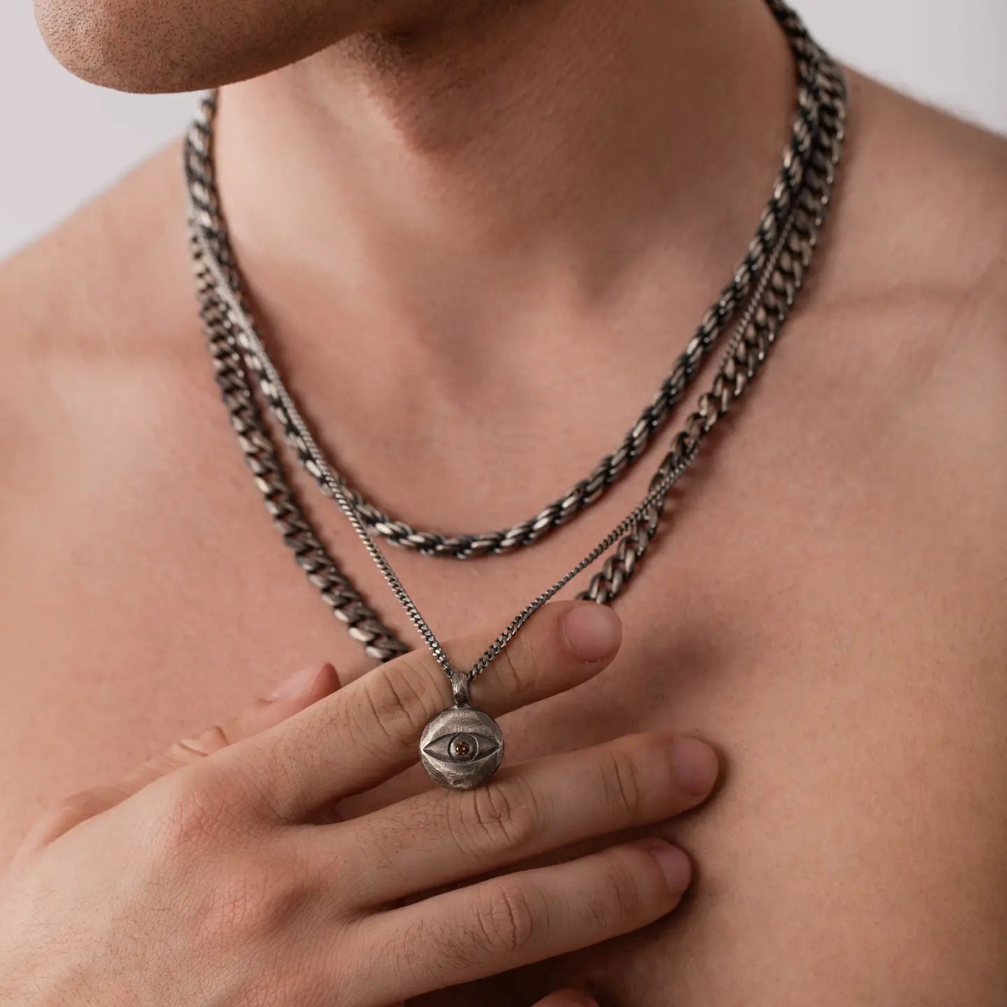 Evil Eye Necklace Oxidized Silver Brown Diamond