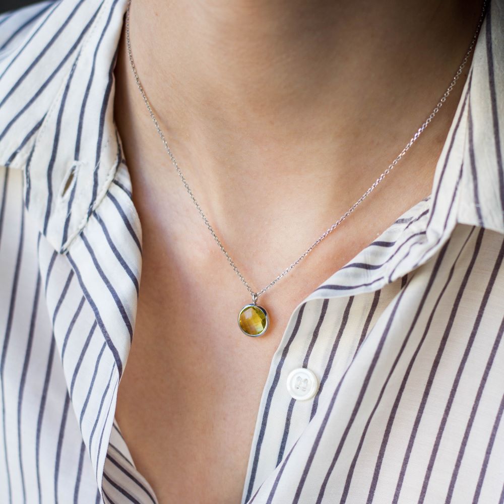 Lemon Quartz Necklace in 14K Gold on model, featuring a signature briolette cut, elegant and versatile for any occasion.