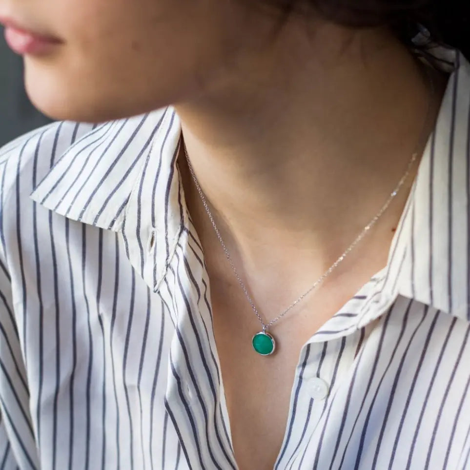 Woman wearing Chrysoprase Necklace in 14K Gold showcasing gemstone elegance