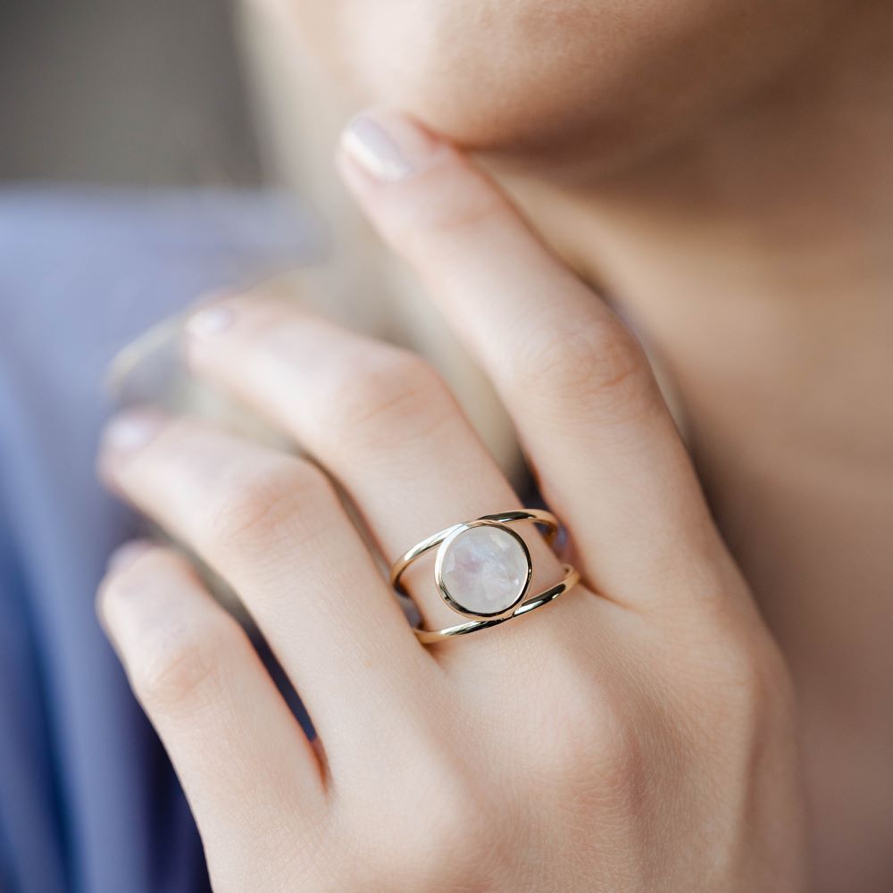 Moonstone 14K Double Band Ring with 10mm Gemstone