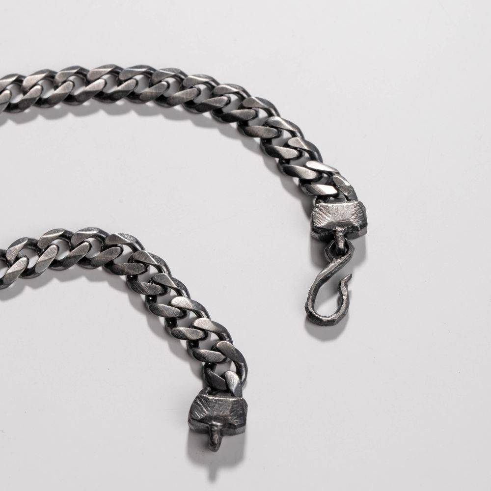 Curb Chain Bracelet Oxidized Sterling Silver with handmade hook closure in high-quality 925 silver, ideal gift for men.