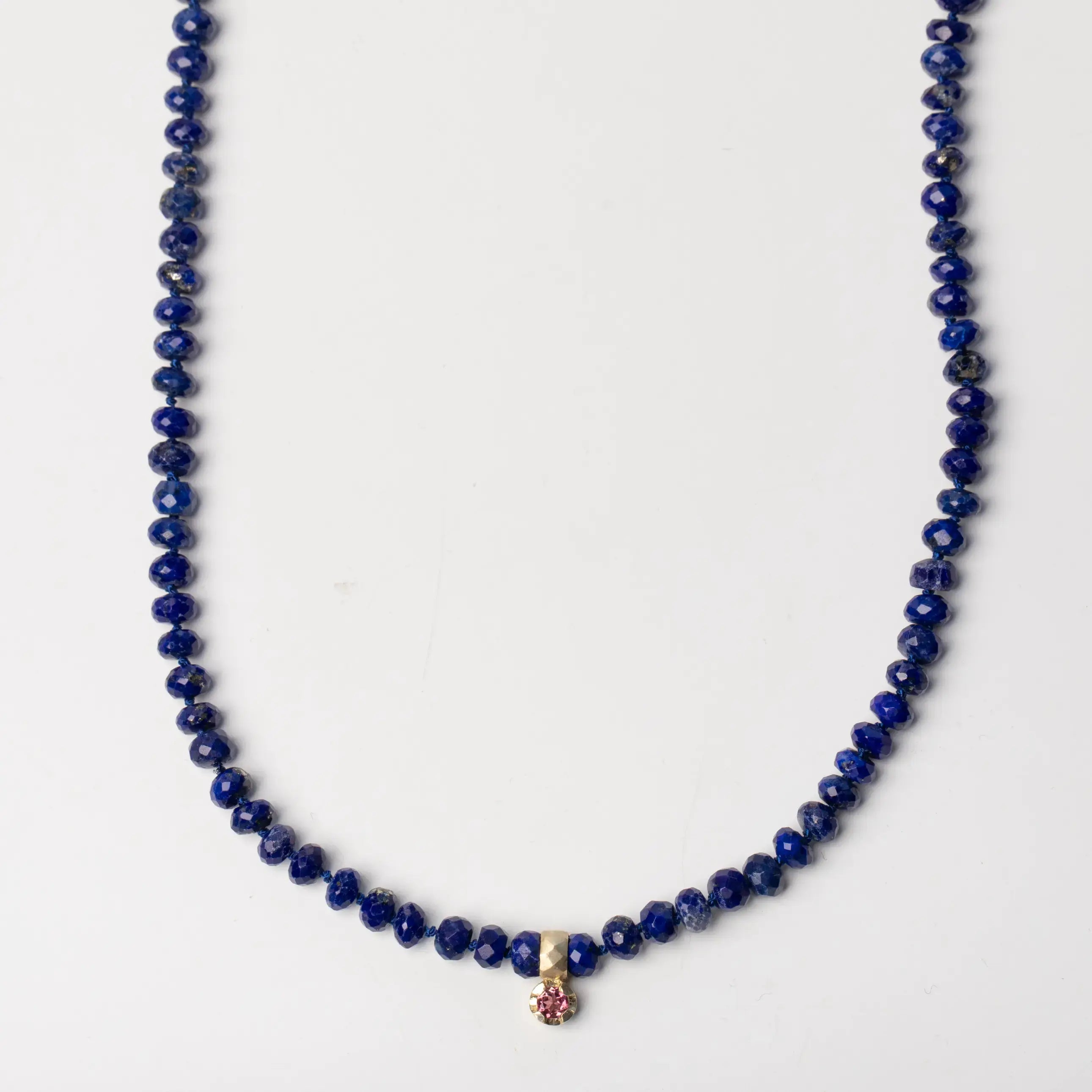 14K Gold Necklace Lapis and Pink Tourmaline with blue beads and pink gemstone pendant