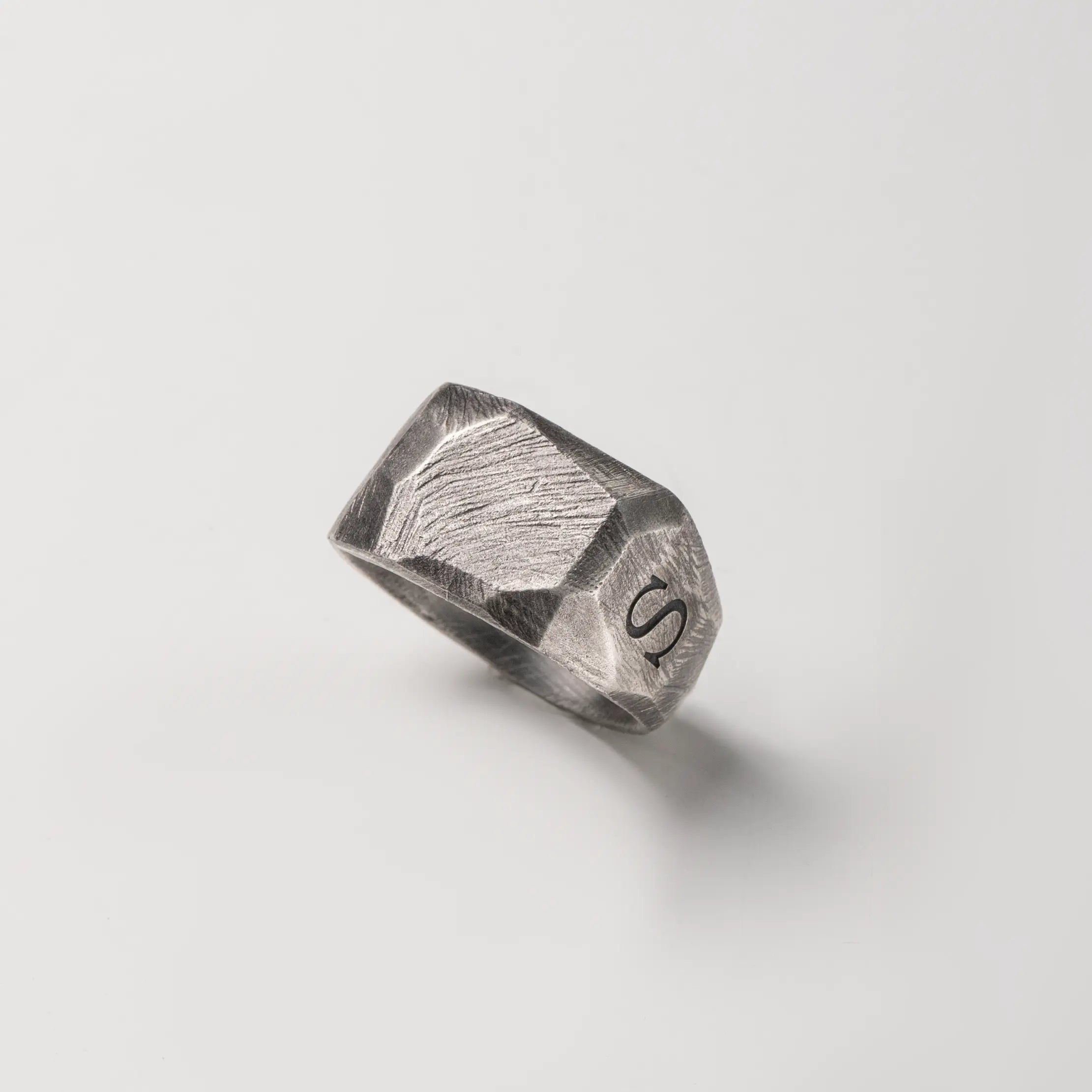 Wide Ring Oxidized Silver Faceted, a brutalist style, black oxidized, handcrafted sterling silver ring for men, 13mm wide, gift packaged.