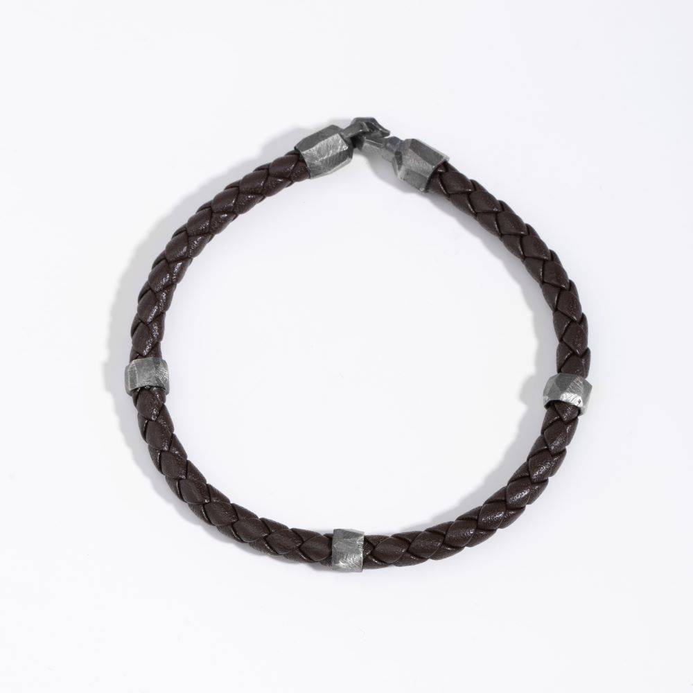 Silver Brown Leather Bracelet Men