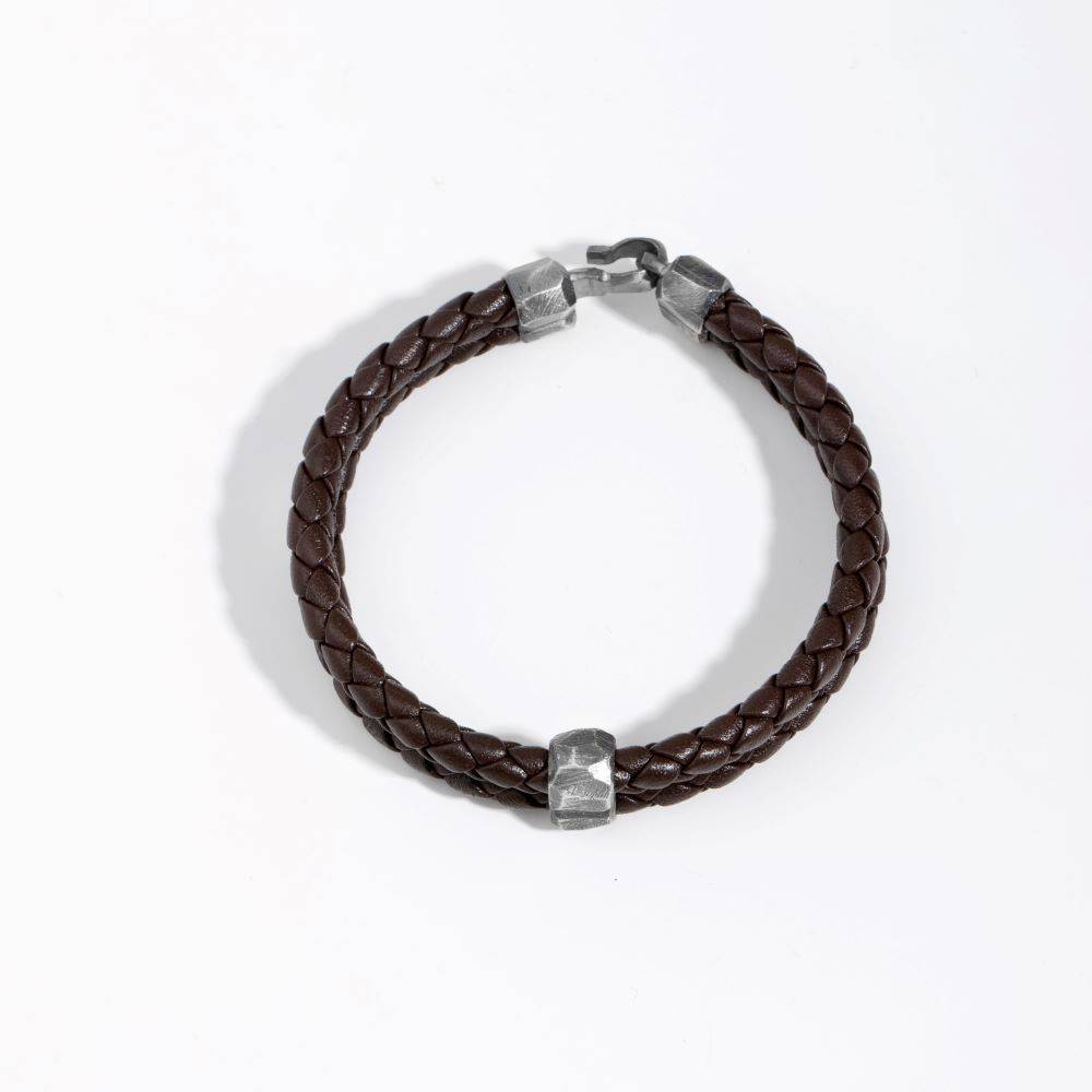 Brown Leather Bracelet Oxidized Silver 925