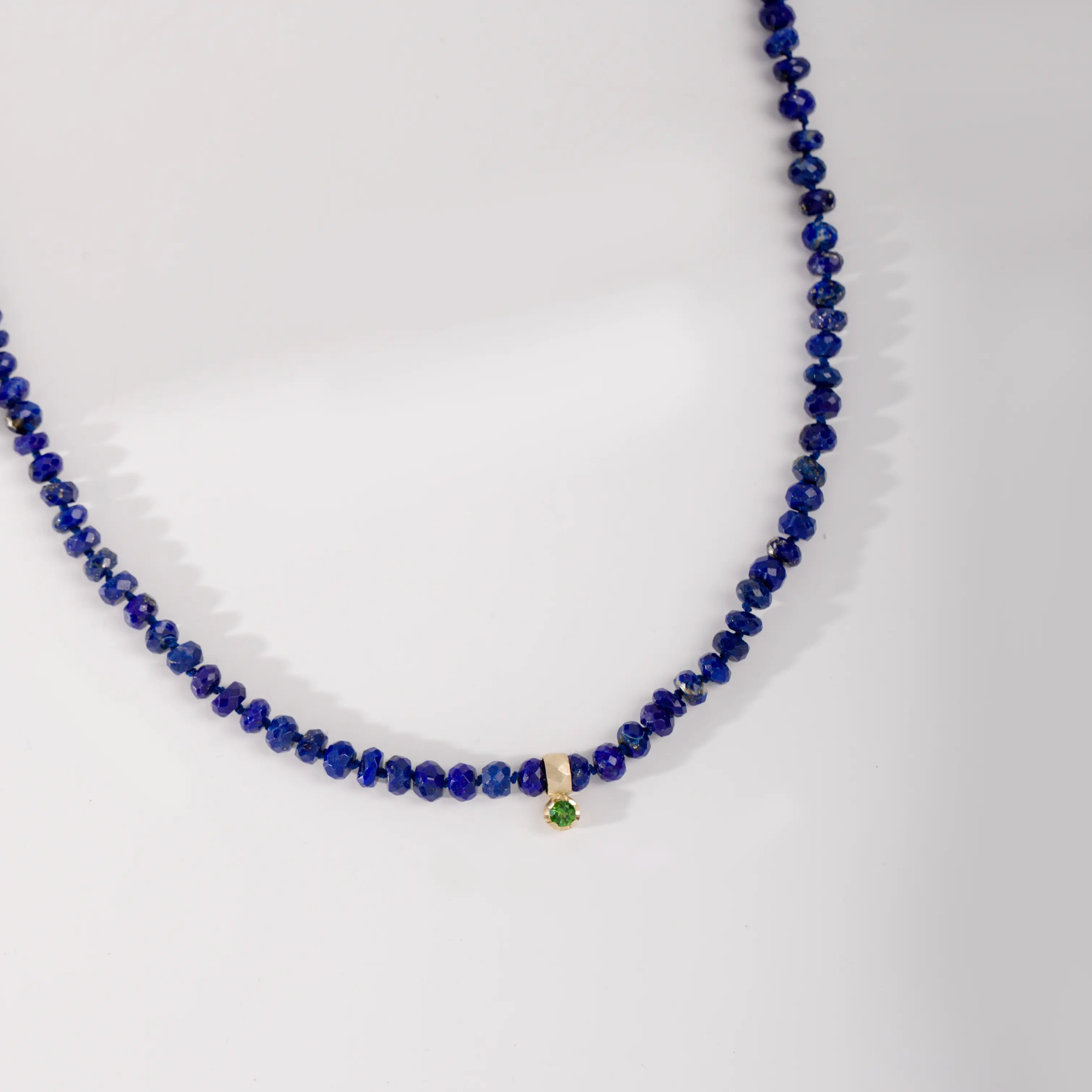 14K Gold Necklace Lapis and Green Tourmaline with natural Lapis Lazuli gemstones and green tourmaline bezel, handmade jewelry.