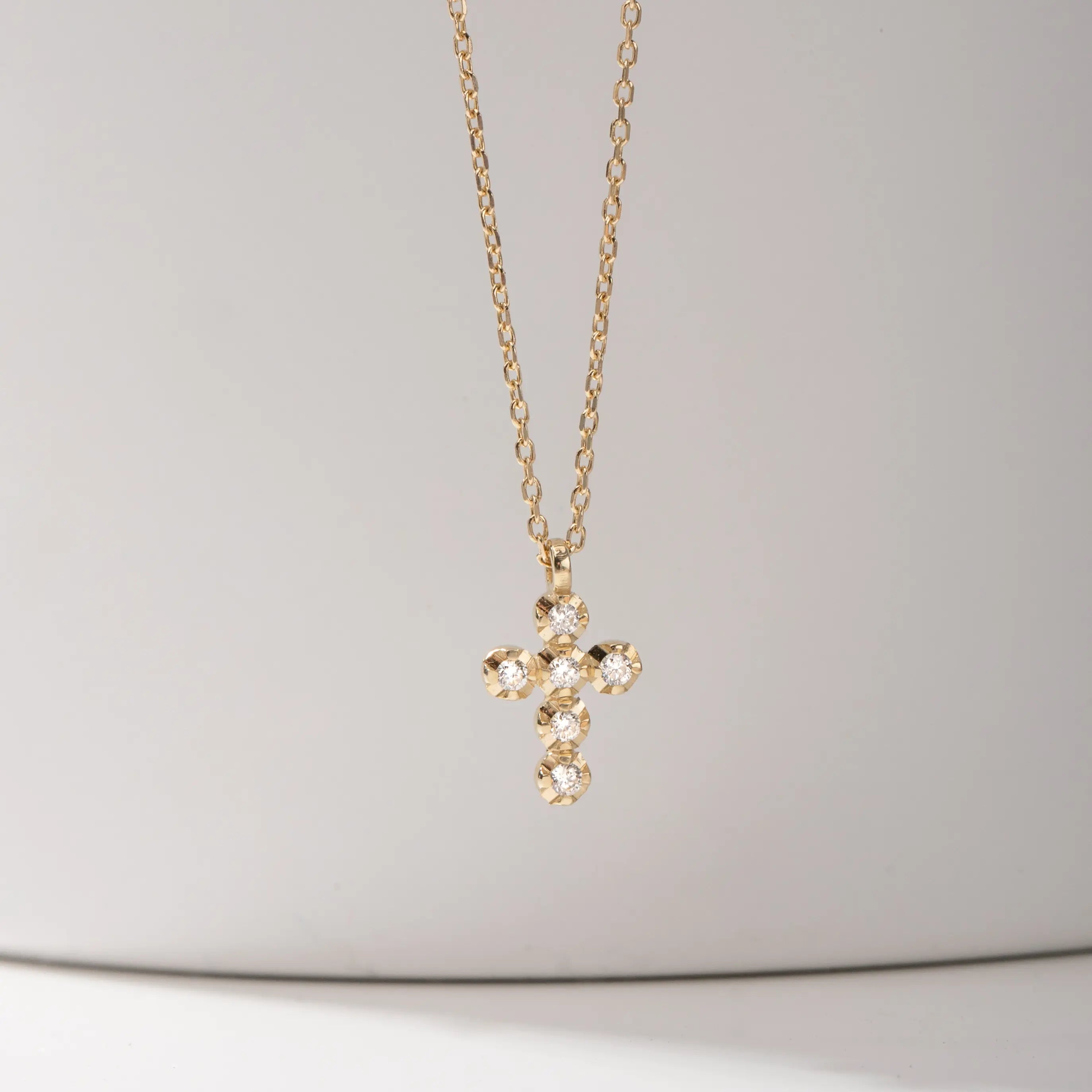 Small Cross Necklace Diamond 14K Gold with clear diamonds on a delicate chain, perfect handmade gift choice in 14K gold.