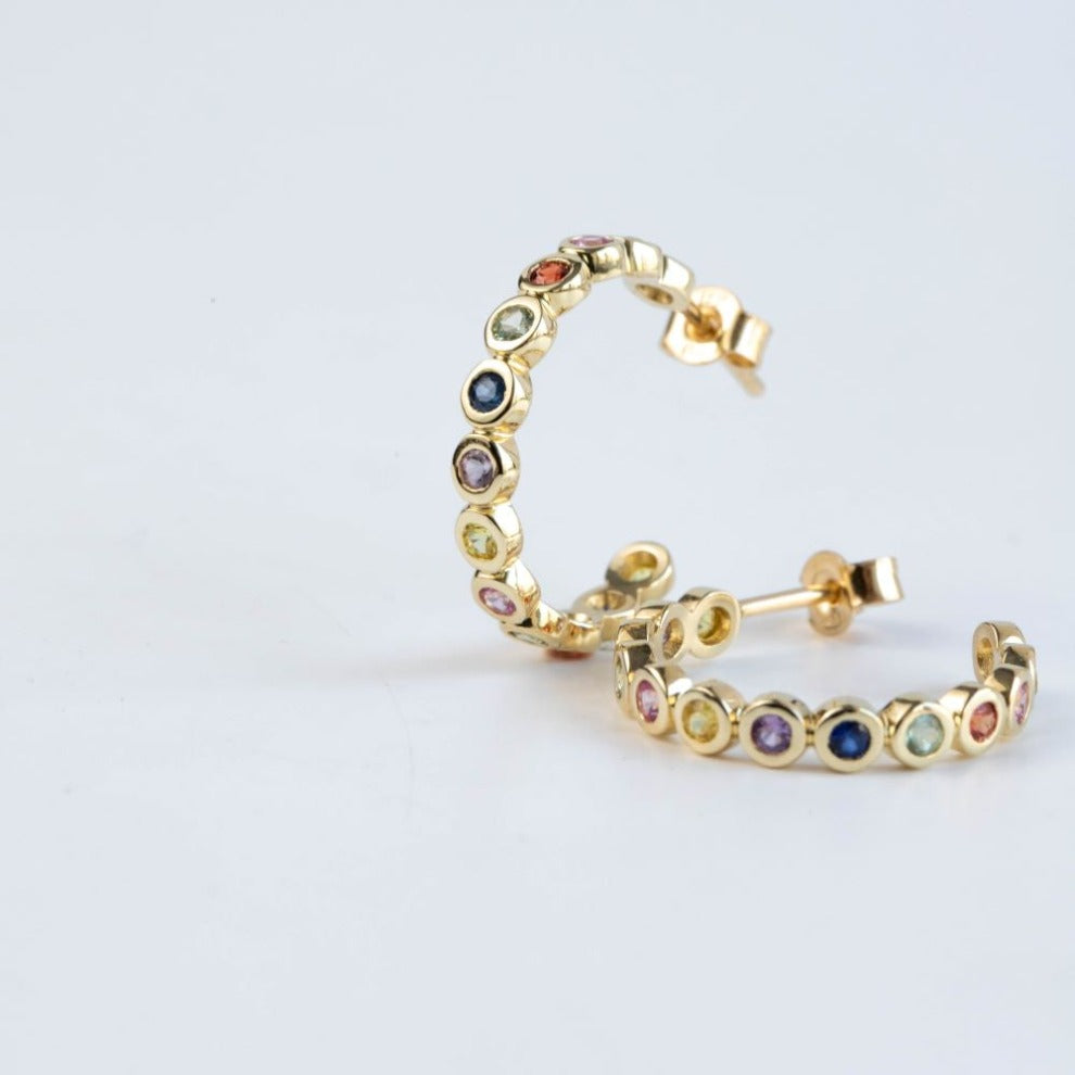 Rainbow Sapphire Hoops 14K Yellow Gold