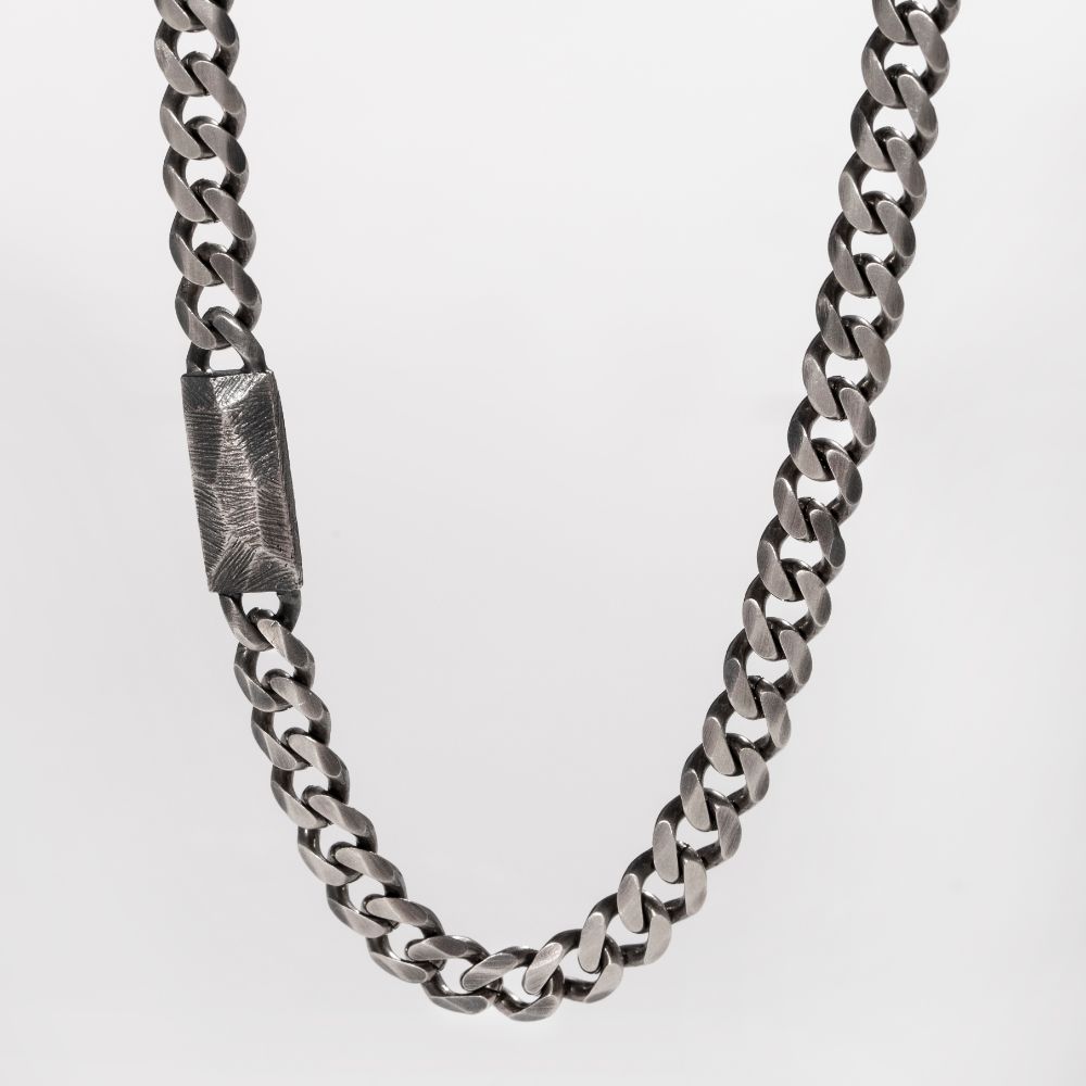 Tag Chain Necklace Oxidized Sterling Silver Personalized on curb chain, handcrafted men's jewelry, 925 sterling silver bar pendant.