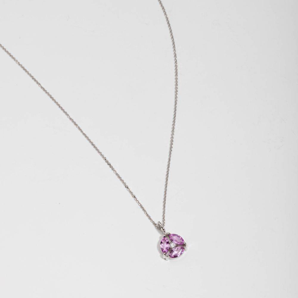 Pink Sapphire Diamond Necklace 14K Gold Flower on white background