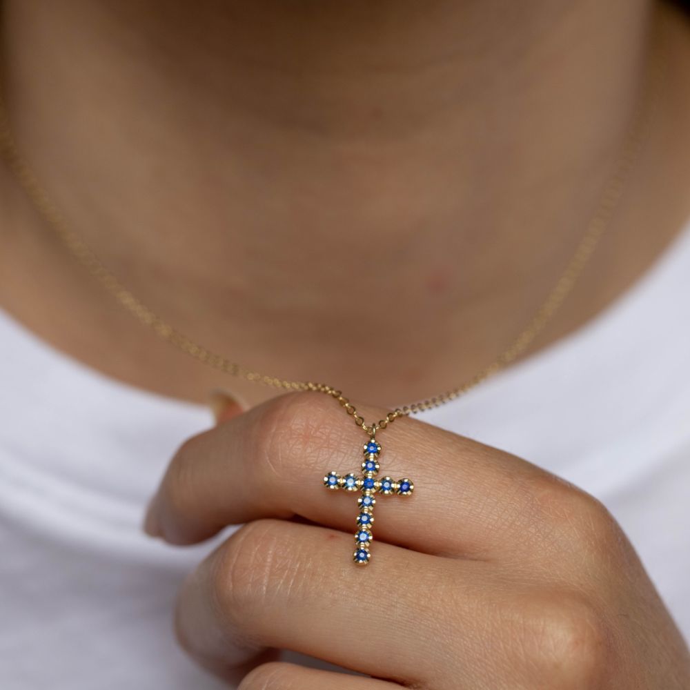 Cross Necklace Blue Sapphire 14K Gold