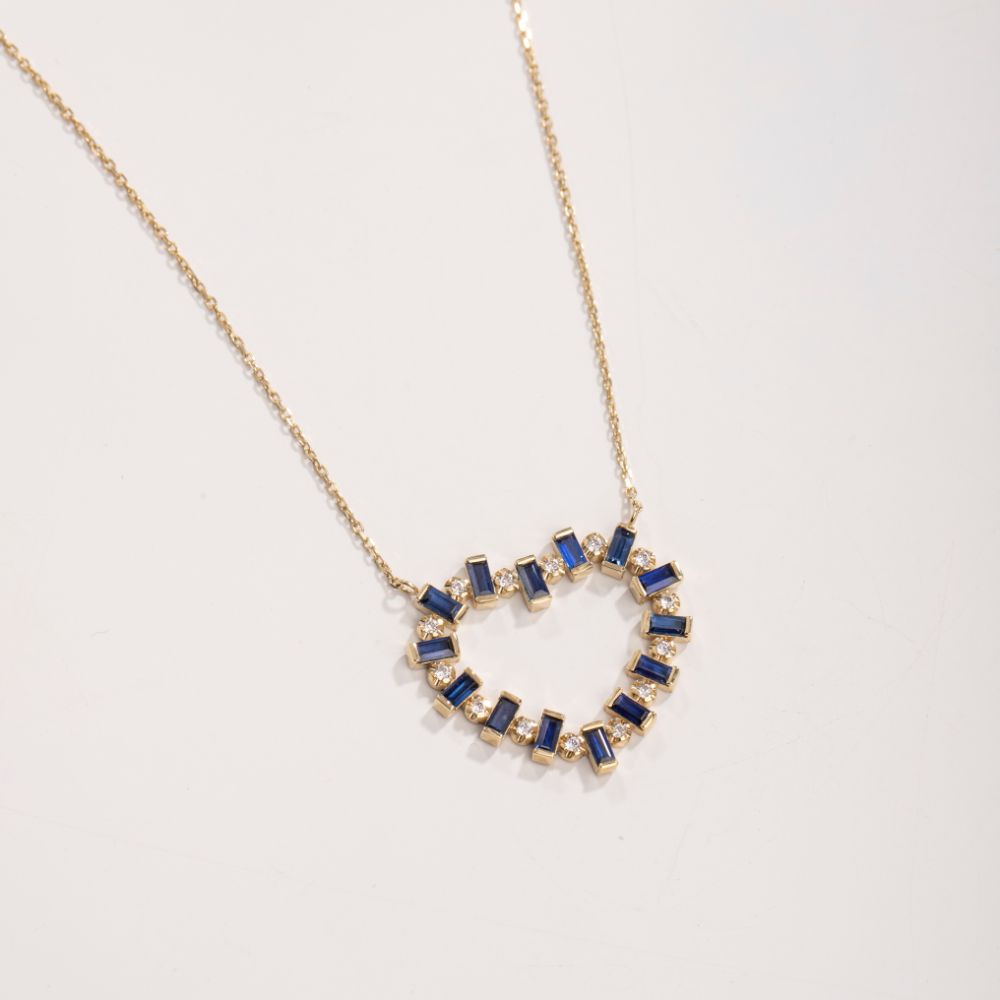 Blue Sapphire Diamond Heart Necklace 14K Gold