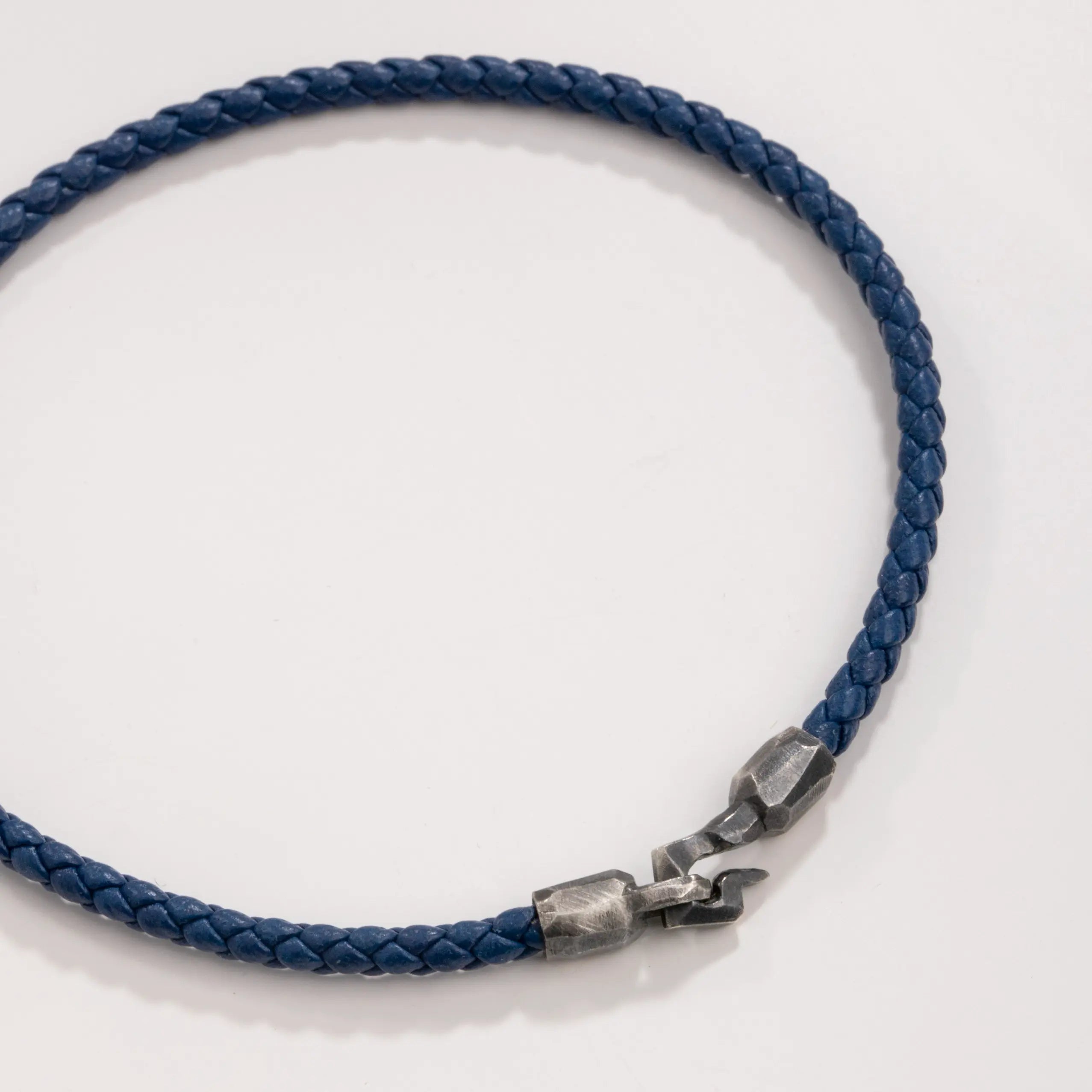 Blue Leather Cord Bracelet Oxidized Silver with handmade hook clasp, high quality sterling silver 925, ideal gift for men and women.