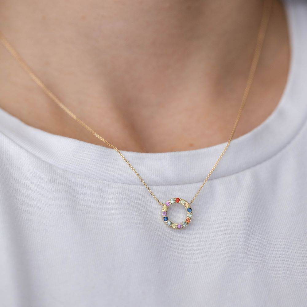 Rainbow Sapphire Small Circle Necklace 14K