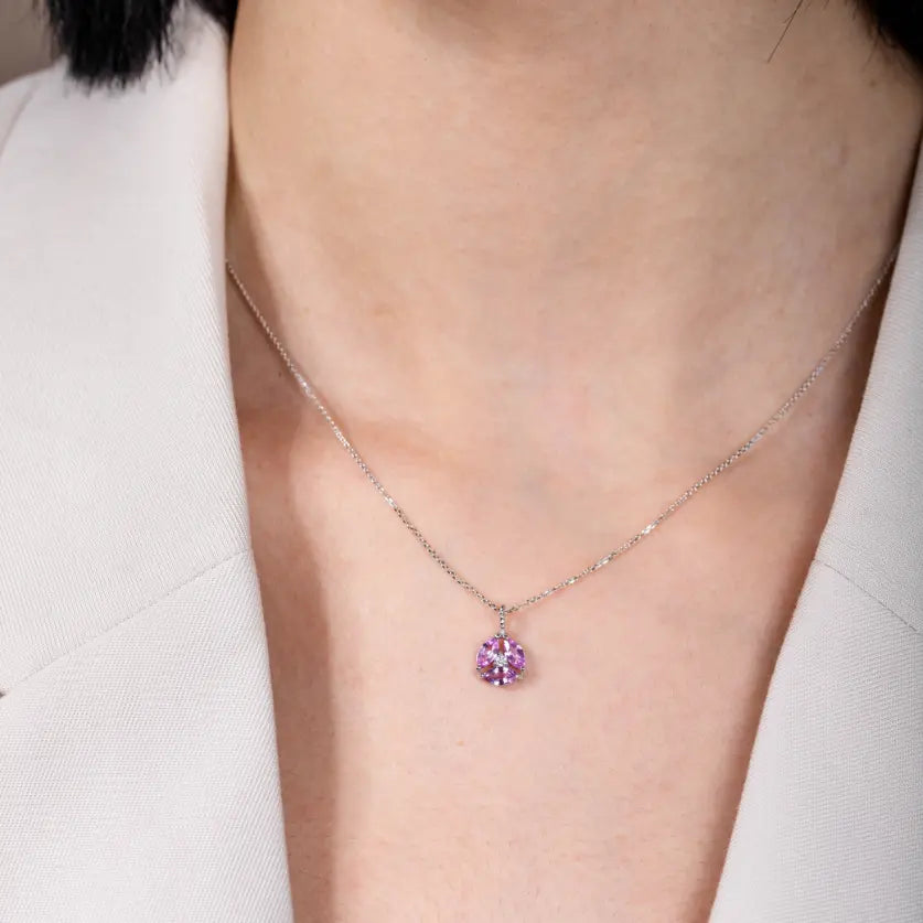 Pink Sapphire Diamond Necklace 14K Gold Flower worn on model