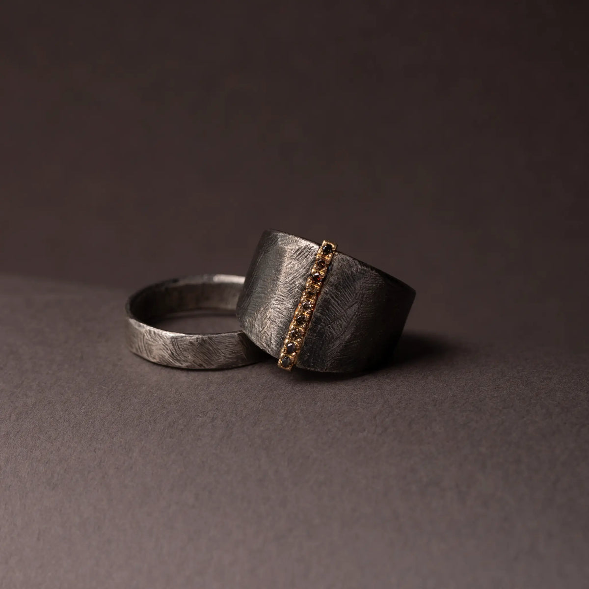 14K Gold & Oxidized Silver 925 Ring Brown Diamonds