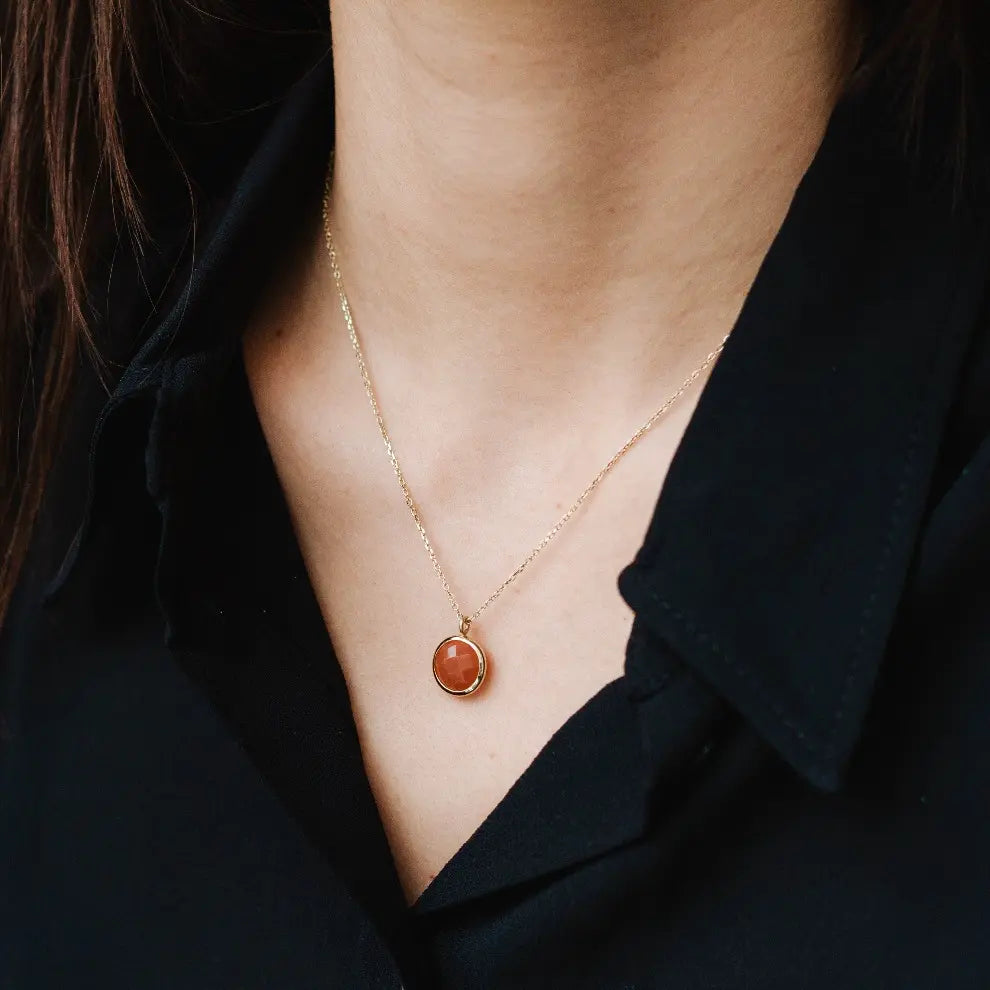 Orange Moonstone Necklace in 14K Gold worn on neck, showcasing elegant briolette design with natural gemstone, perfect gift idea