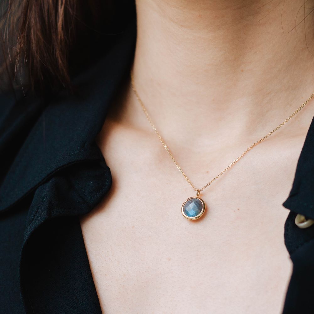 Woman wearing Labradorite Necklace in 14K Gold