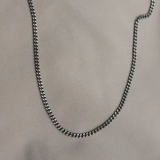 Curb Chain Necklace Oxidized Silver 2.5mm for men, made of high quality Sterling Silver 925 with a black oxidized finish, elegant gift package.