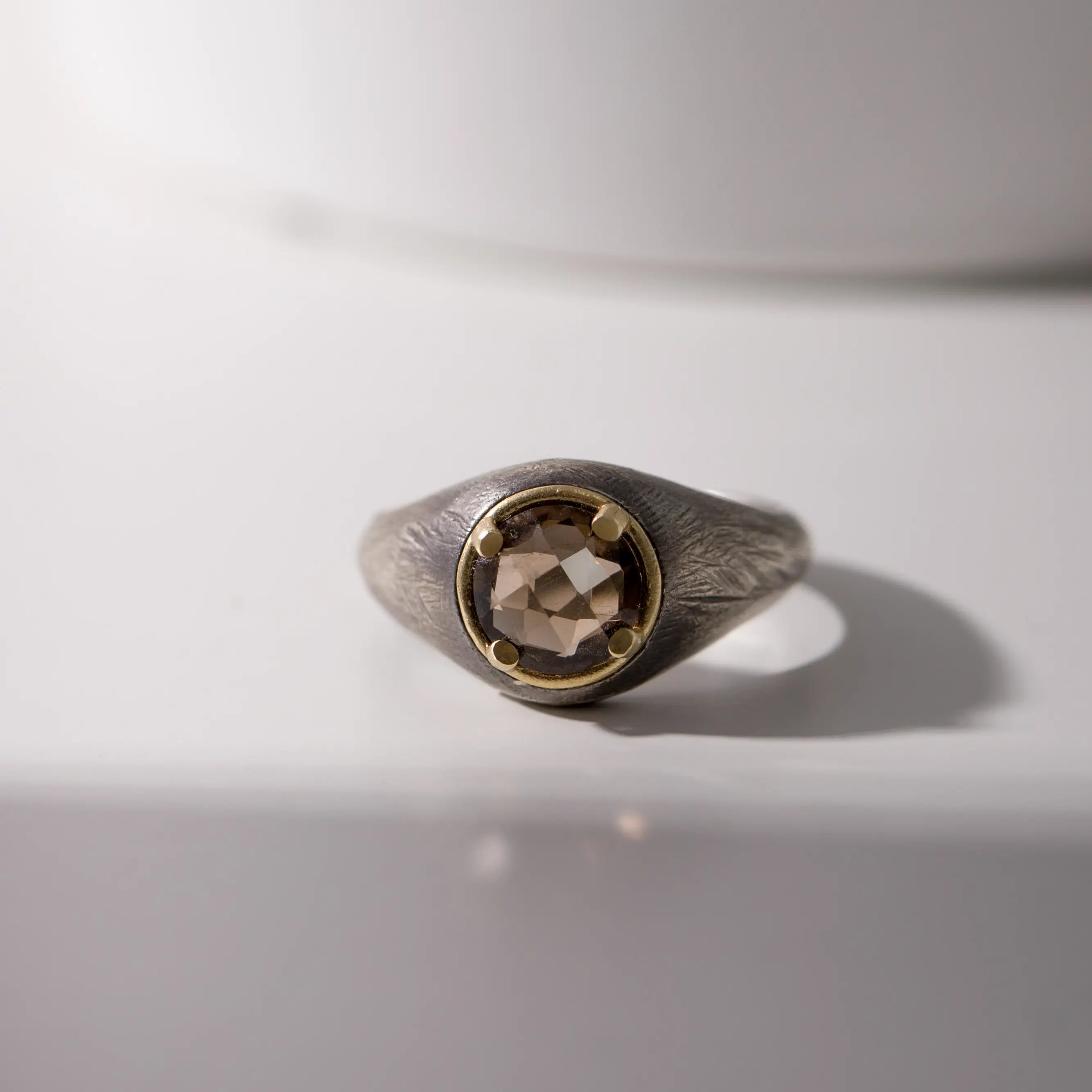Smoky Quartz Ring Oxidized Silver 925 14K Gold, brutalist men's ring with 8mm smoky quartz, handcrafted high-quality sterling silver with gold accents.