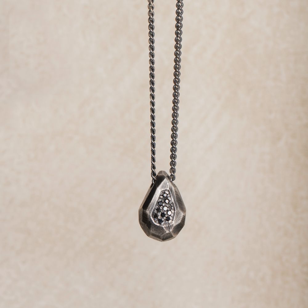 Drop Necklace Oxidized Silver Black Diamonds with teardrop pendant, handcrafted in sterling silver, ideal gift for him, unisex jewelry