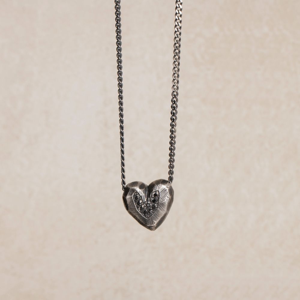 Heart Necklace Oxidized Silver Black Diamonds, handcrafted sterling silver heart pendant with black oxidized finish and 2mm black diamonds.