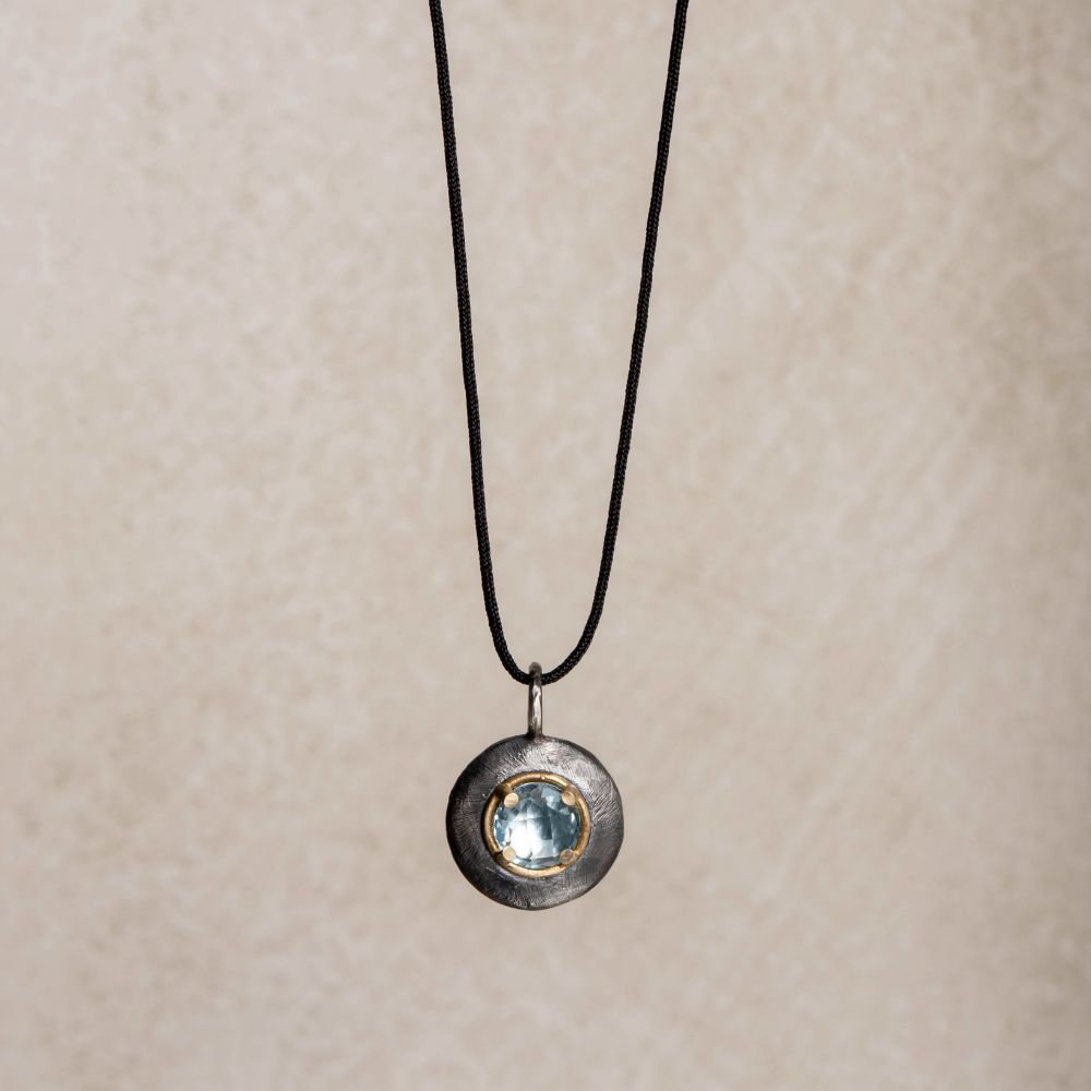 Blue Topaz Disc Necklace Silver and 14K Gold
