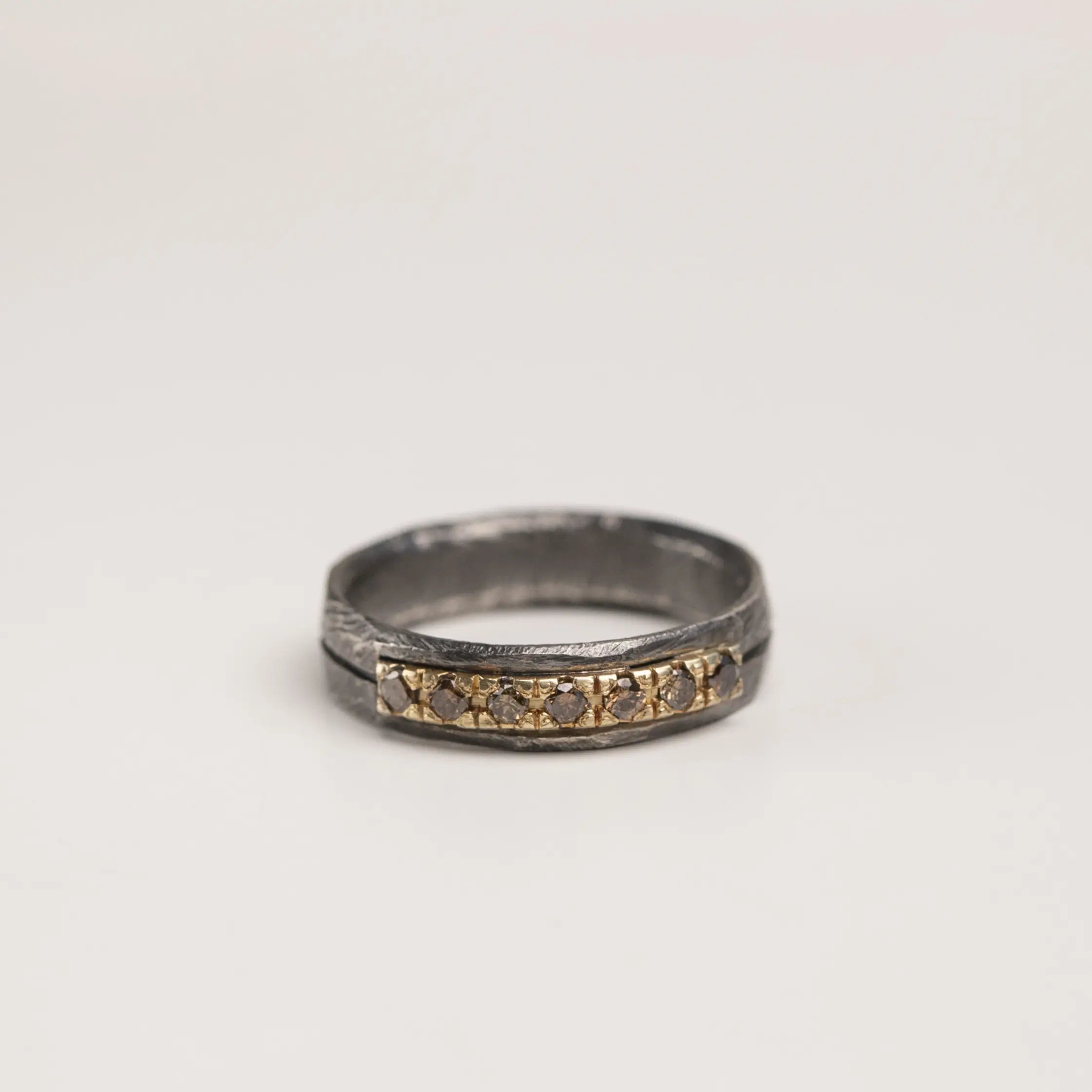 14K Gold and Silver Ring With Brown Diamonds