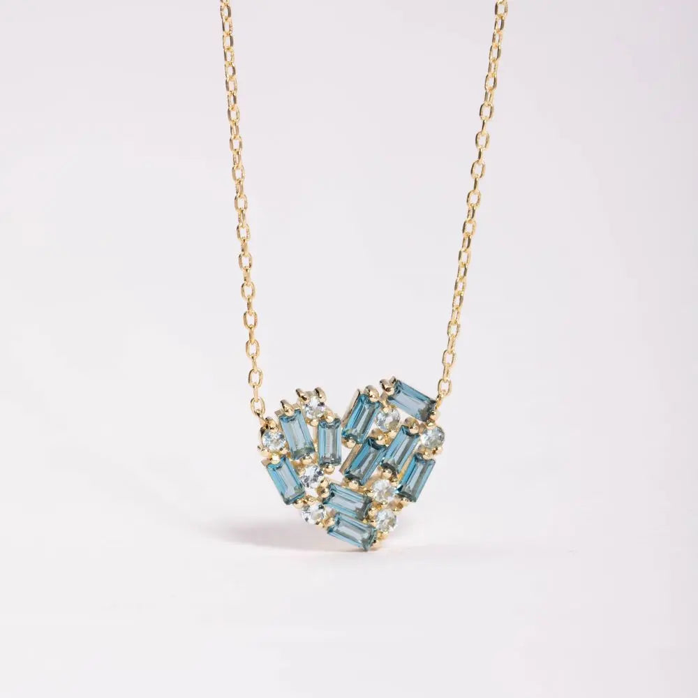 Blue Topaz and Aquamarine Heart Necklace 14K