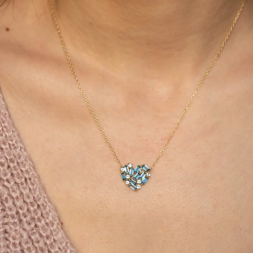 Blue Topaz and Aquamarine Heart Necklace 14K